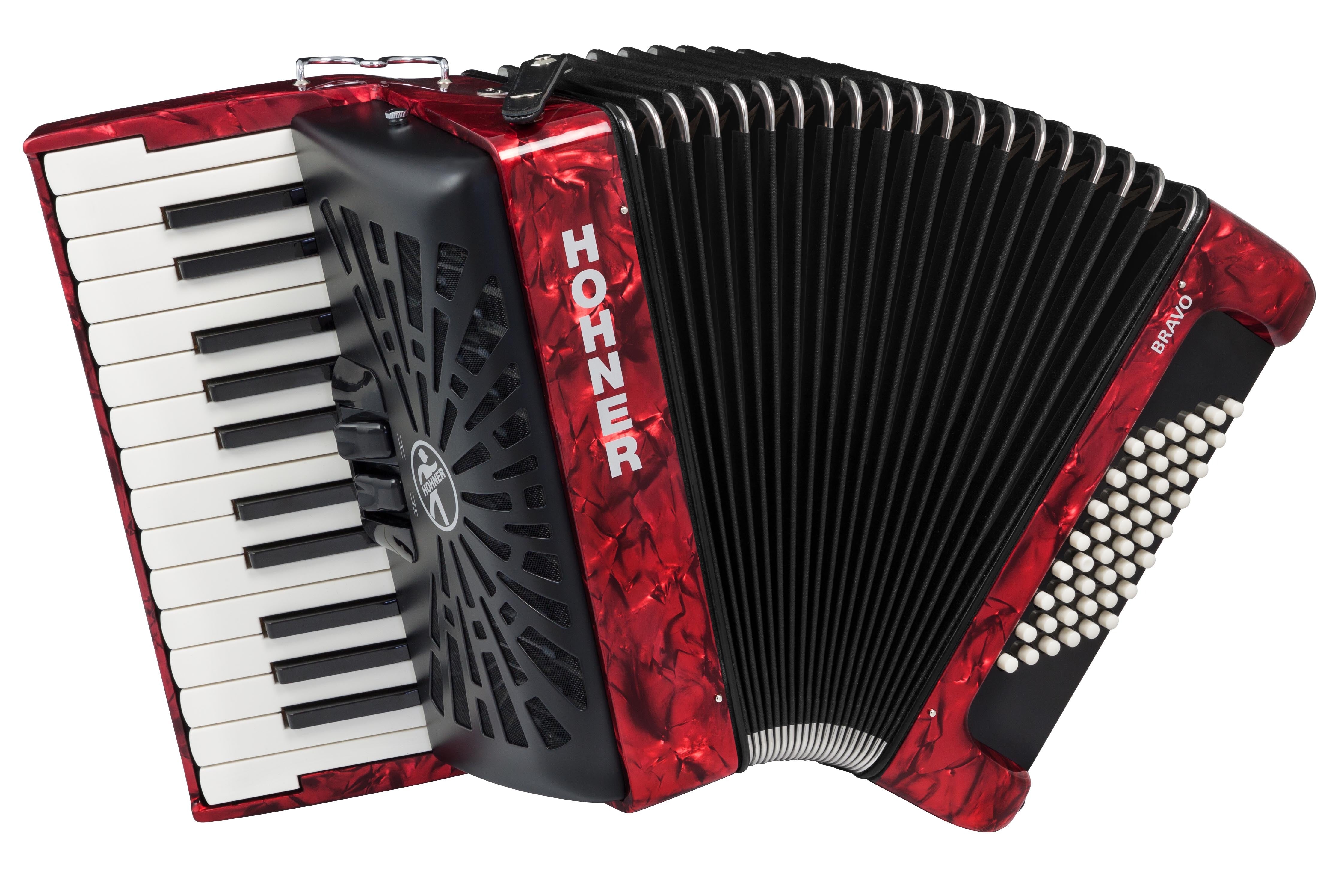 Acordeón de piano Hohner Bravo II 48 con funda y correas en rojo perlado BR48RED
